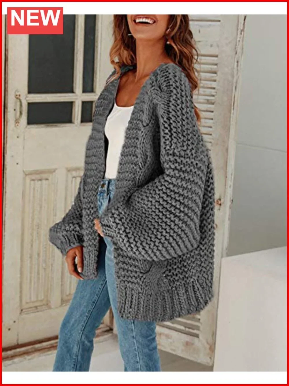 Open Front Chunky Knit Cardigan Loose Lantern Sleeve Oversized Sweater Coat